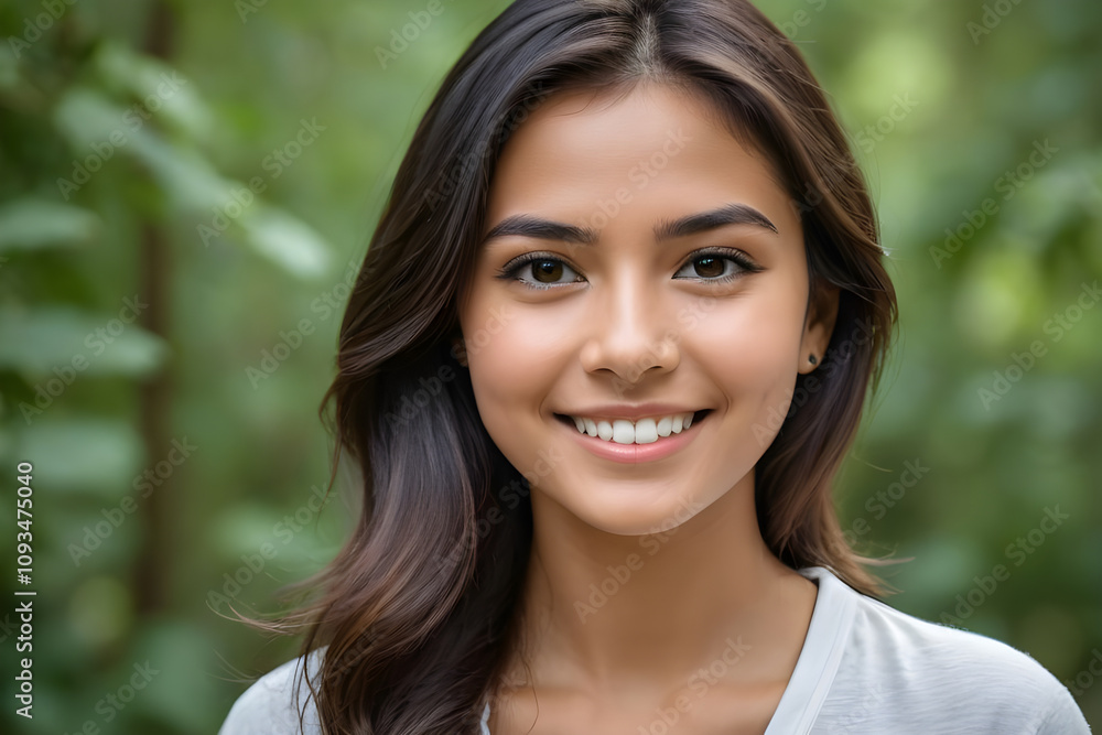 Beautiful smiling young woman with long brown hair posing in nature Beautiful smiling young woman with long brown hair posing in nature