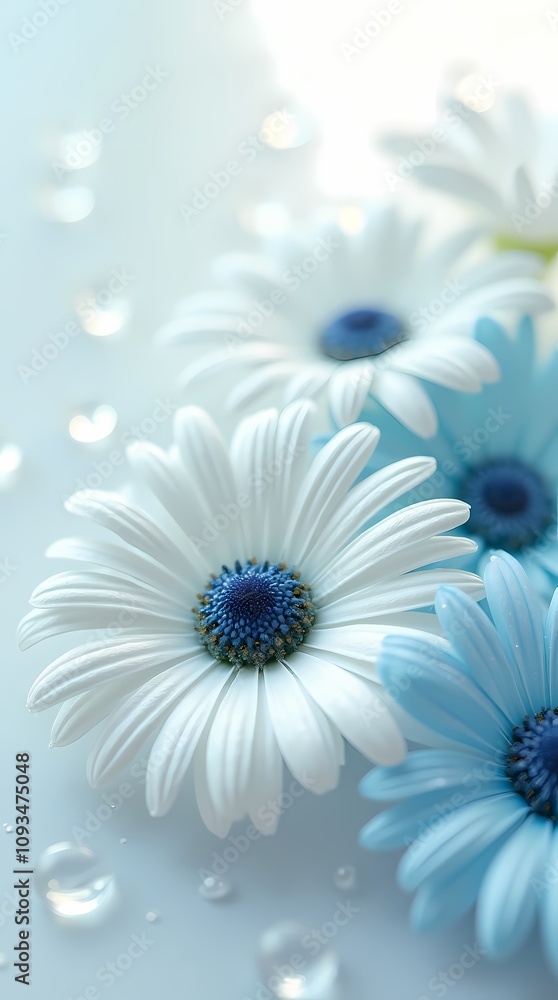 White and blue daisies on a white background with shiny glitter water drops, close-up shot White and blue daisies on a white background with shiny glitter water drops, close-up shot