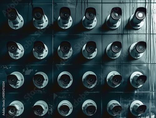 Distopic security cameras on a wall