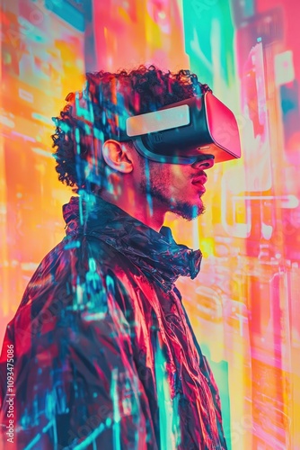 Young man wearing virtual reality glasses, exploring futuristic technology and games