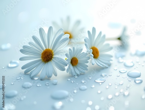 White and blue daisies on a white background with shiny glitter water drops, close-up shot