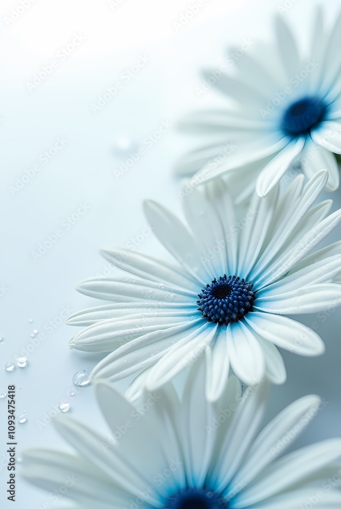 Obraz premium White and blue daisies on a white background with shiny glitter water drops, close-up shot