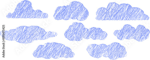 Hand drawn pencil drawing of clouds in pastel color. Children's sketch chalk drawing. 
