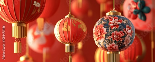 Beautifully designed Chinese lanterns in vibrant colors hanging against a rich red background