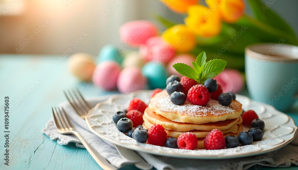 Pancakes with berries and powdered sugar on Easter-themed table, American Easter brunch Pancakes with berries and powdered sugar on Easter-themed table, American Easter brunch