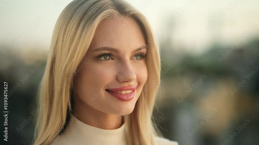 A Serene Portrait of a Woman With Flowing Blonde Hair, Captured in Gentle Sunlight, Creating a Tranquil Atmosphere A Serene Portrait of a Woman With Flowing Blonde Hair, Captured in Gentle Sunlight, Creating a Tranquil Atmosphere