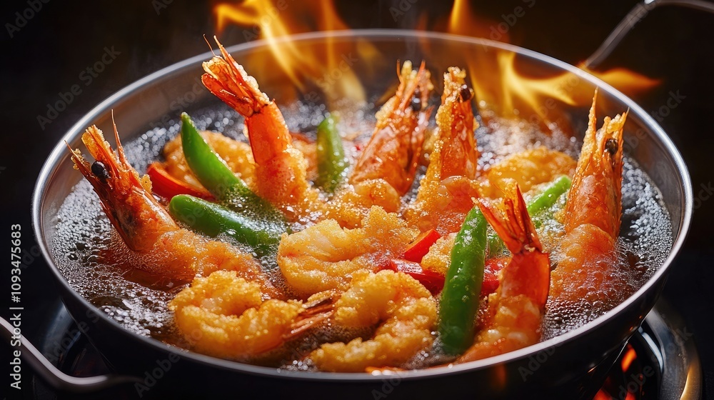 A Vibrant Display of Shrimp and Vegetables in a Sizzling Hot Wok with Flames and Steam, Capturing the Essence of Gastronomic Delight and Culinary Dynamics A Vibrant Display of Shrimp and Vegetables in a Sizzling Hot Wok with Flames and Steam, Capturing the Essence of Gastronomic Delight and Culinary Dynamics