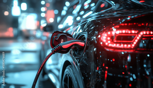 shiny black electic vehicle being charged in the night