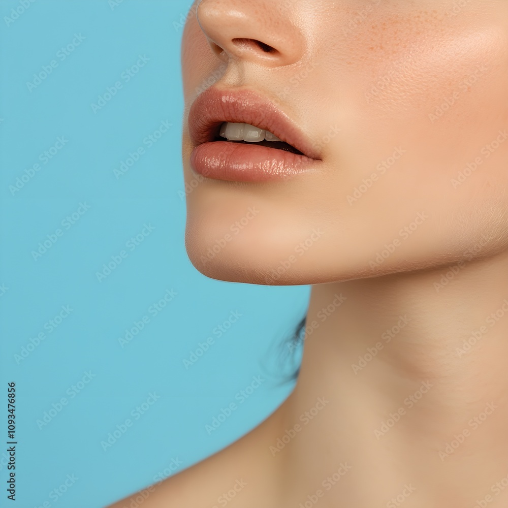 Fototapeta premium Close-Up of Beautiful Female Face with Natural Makeup, Soft Skin Tone, and Exquisite Lips on Blue Background, Highlighting Beauty and Skincare Concepts