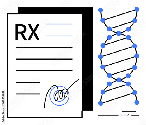 Medical prescription with cursive signature beside DNA double helix. Ideal for healthcare, genetics, personalized medicine, pharmaceuticals, medical research, biotechnology, genomic studies. Line