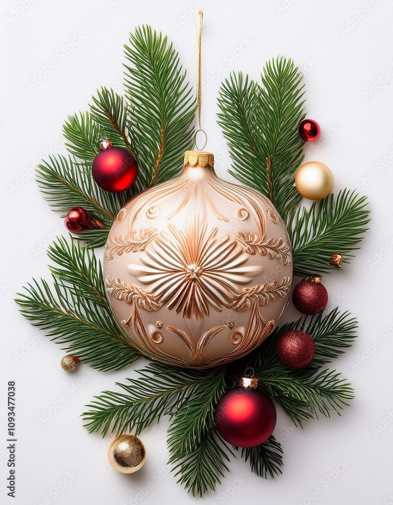 adorno de navidad de ramas de abeto y bolas de navidad rojas y doradas, hiperrealista, fondo blanco neutro adorno de navidad de ramas de abeto y bolas de navidad rojas y doradas, hiperrealista, fondo blanco neutro