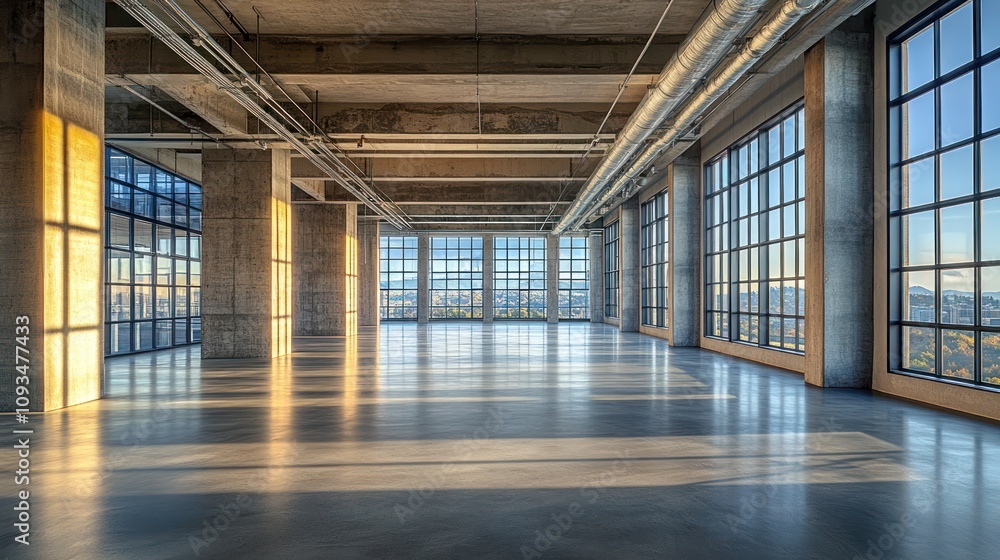 Modern industrial loft space with large windows and city views. Modern industrial loft space with large windows and city views.