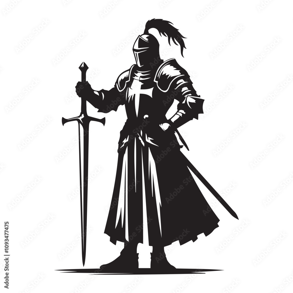 Obraz premium medieval knight holding a sword silhouette vector art black color design and solid white background 