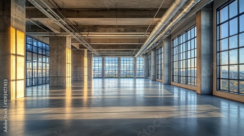 Modern industrial loft space with large windows and city views.