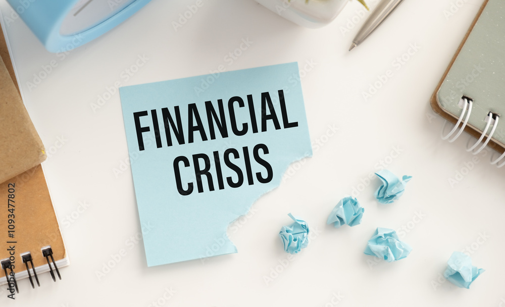 financial crisis, text on yellow paper square shape on a blue background. Notepad, calculator, credit cards, pen, stationery on the desktop. Business, financial concept. financial crisis, text on yellow paper square shape on a blue background. Notepad, calculator, credit cards, pen, stationery on the desktop. Business, financial concept.