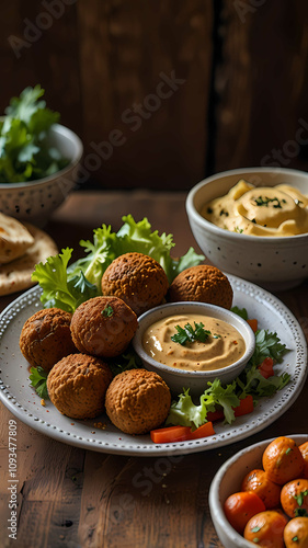 Golden Falfel with Tahini Sauce and Fresh Vegetables