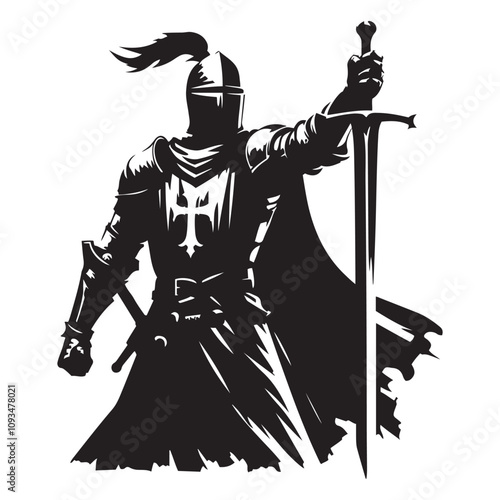 medieval knight holding a sword silhouette vector art black color design and solid white background 