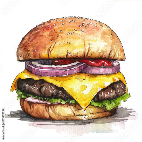 A watercolor painting of Cheeseburger, isolated on a white background. Cheeseburger vector.