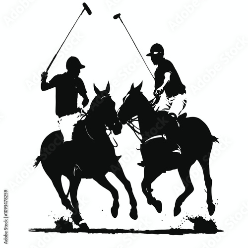 Two men playing polo on horses , one with a mallet raised, the other reaching for the ball