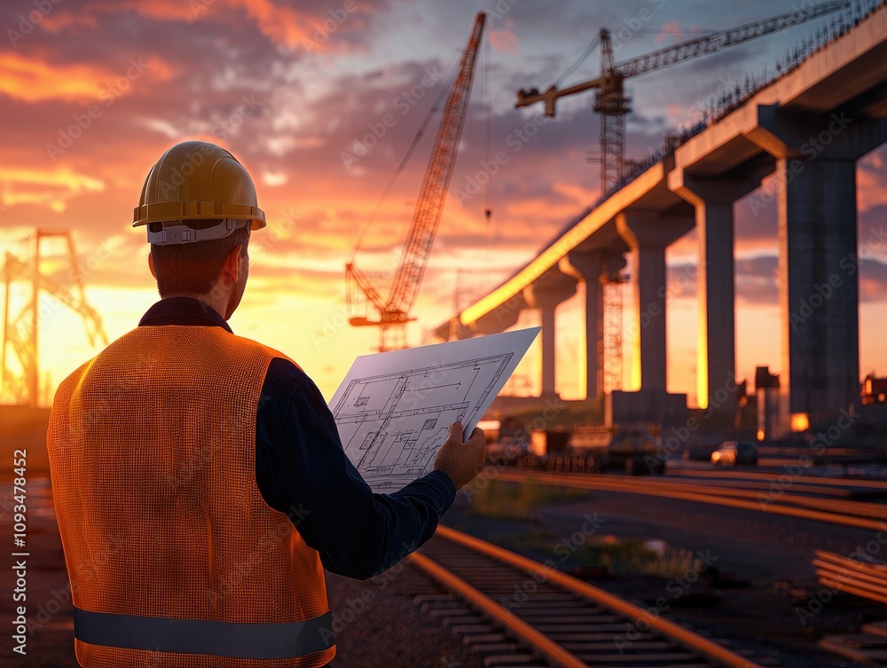 Construction Worker Overseeing Sunset Project with Blueprints in Hand as Cranes and Infrastructure Develop Under a Vibrant Sky Construction Worker Overseeing Sunset Project with Blueprints in Hand as Cranes and Infrastructure Develop Under a Vibrant Sky