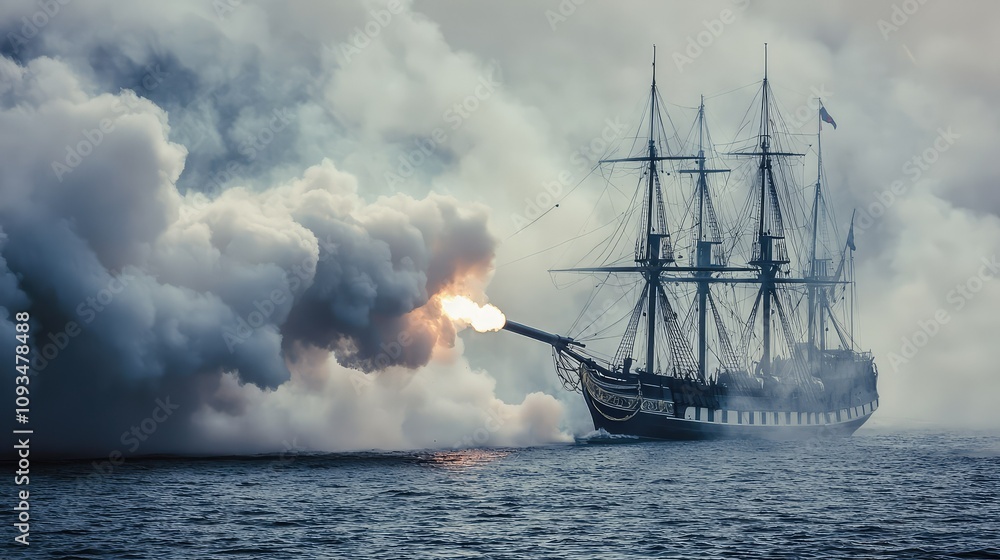 Obraz premium Majestic Tall Ship Engaging in Naval Combat Surrounded by Billowing Smoke and Explosions, Evoking a Sense of Adventure and Historical Maritime Warfare