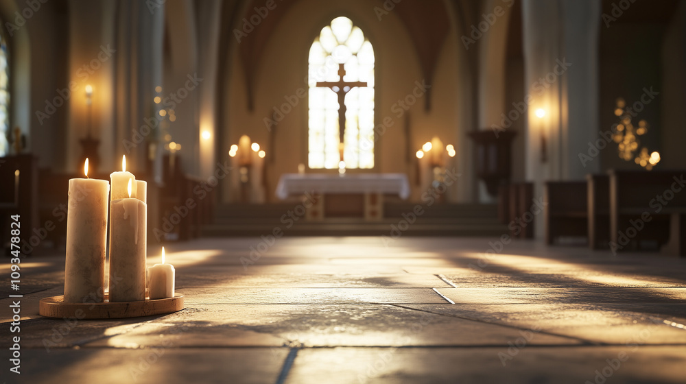 Candles and cross in sunlit church interior. Candles and cross in sunlit church interior.