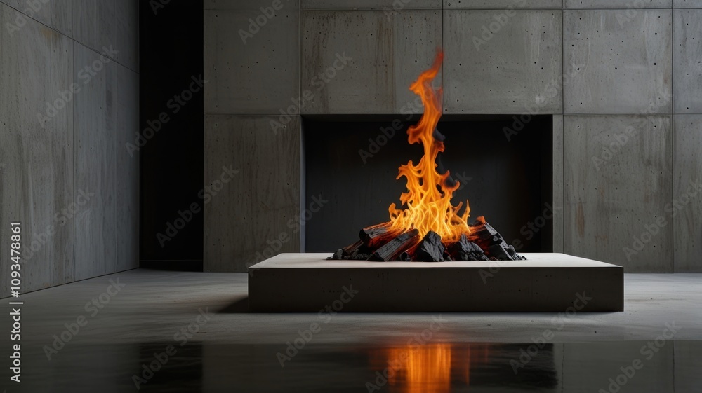 Obraz premium Here's a description and keywords for the image.. Modern fireplace with vibrant flames burning on a concrete platform in a minimalist room.