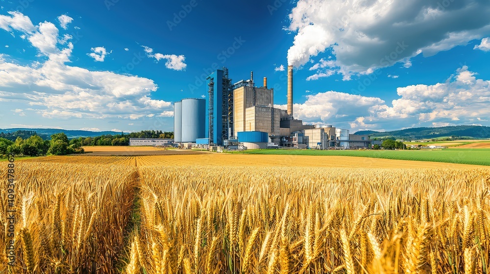 Breathtaking Landscape of Golden Wheat Field with Agricultural Processing Facility Under Bright Blue Sky and Fluffy White Clouds in Rural Area Breathtaking Landscape of Golden Wheat Field with Agricultural Processing Facility Under Bright Blue Sky and Fluffy White Clouds in Rural Area
