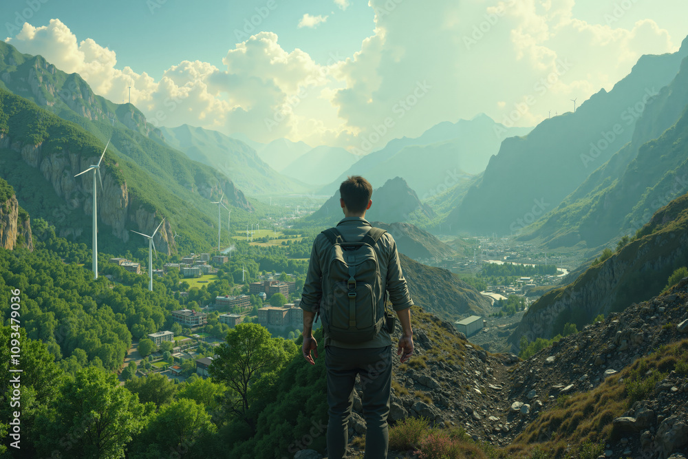 Fototapeta premium hiker with a backpack, wearing a hoodie and jeans, standing on a rugged hillside overlooking a vast river valley, scenic landscape with a misty city skyline in the distance,