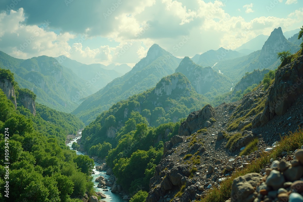 hiker with a backpack, wearing a hoodie and jeans, standing on a rugged hillside overlooking a vast river valley, scenic landscape with a misty city skyline in the distance, hiker with a backpack, wearing a hoodie and jeans, standing on a rugged hillside overlooking a vast river valley, scenic landscape with a misty city skyline in the distance,