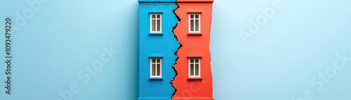 A Conceptual Representation of Conflict and Division Illustrated by a Split Color House with Blue and Red Halves Reflecting Emotional Distress and Disconnection