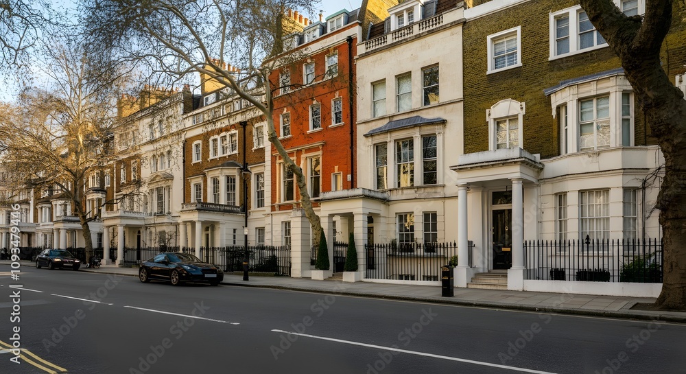 An expensive luxurious row of Edwardian, Victorian and Georgian houses and other buildings An expensive luxurious row of Edwardian, Victorian and Georgian houses and other buildings