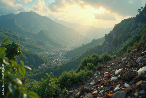 hiker with a backpack, wearing a hoodie and jeans, standing on a rugged hillside overlooking a vast river valley, scenic landscape with a misty city skyline in the distance,