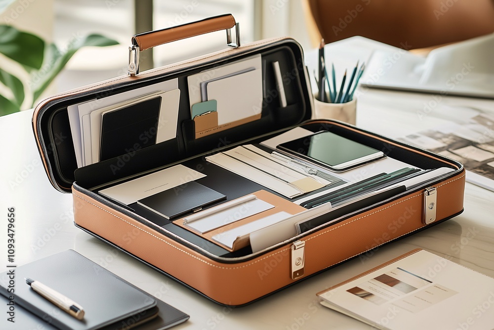 Organized Workspace: A tan leather briefcase open on a desk, revealing an organized interior with various office supplies and gadgets. It's a visual representation of productivity, preparedness. Organized Workspace: A tan leather briefcase open on a desk, revealing an organized interior with various office supplies and gadgets. It's a visual representation of productivity, preparedness.