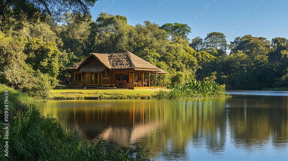 Lakeside wooden cabin nestled in lush greenery reflecting in calm water under a clear blue sky.