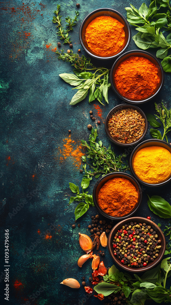 Variety of colorful spices and herbs are laying on a dark rustic table, creating a frame for text or other design elements Variety of colorful spices and herbs are laying on a dark rustic table, creating a frame for text or other design elements
