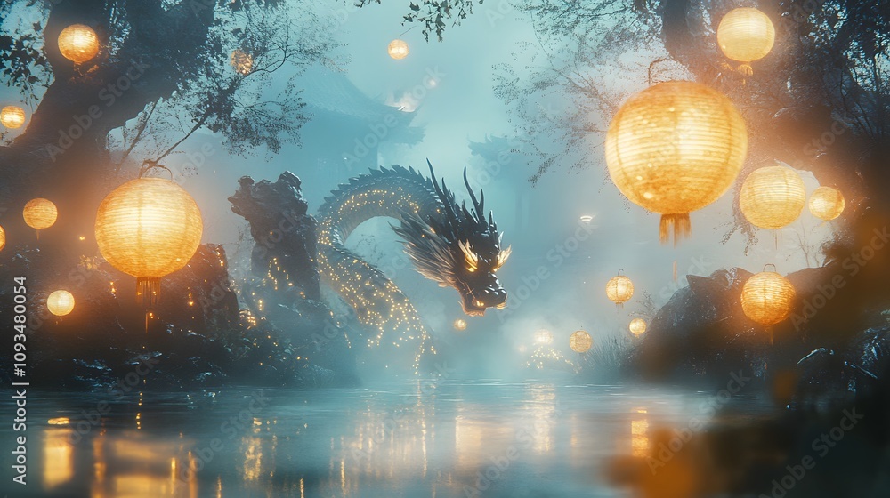 A mystical scene featuring a dragon surrounded by floating lanterns, casting a magical glow in a serene landscape, evoking a sense of wonder and cultural heritage. A mystical scene featuring a dragon surrounded by floating lanterns, casting a magical glow in a serene landscape, evoking a sense of wonder and cultural heritage.