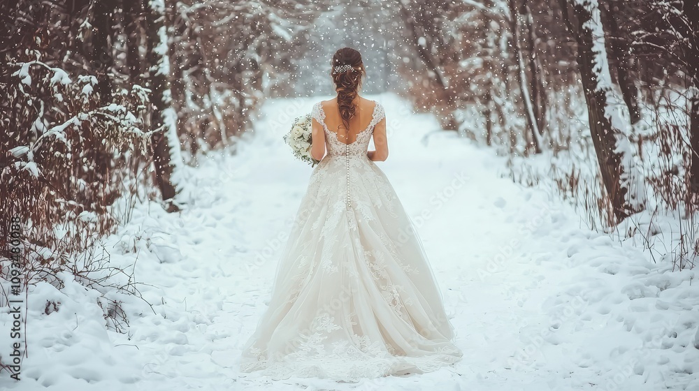 Beautiful Bride Walking Through Snowy Forest Path in Winter Wonderland, Wearing Elegant Wedding Dress and Holding Bouquet Surrounded by Peaceful Nature Beautiful Bride Walking Through Snowy Forest Path in Winter Wonderland, Wearing Elegant Wedding Dress and Holding Bouquet Surrounded by Peaceful Nature