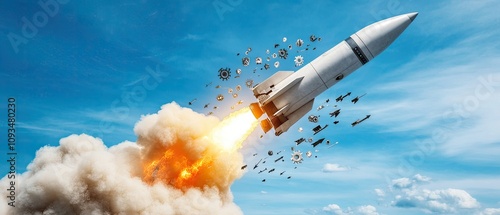 Rocket Launching into the Blue Sky with Explosive Flames and Surrounding Mechanical Gears and Weapons, Symbolizing Innovation and Military Power