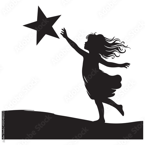 Child reaching for a star silhouette vector art black color design and solid white background 