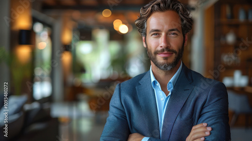 Confident businessman in elegant suit standing with his arms crossed for portrait photography, and looking at camera.