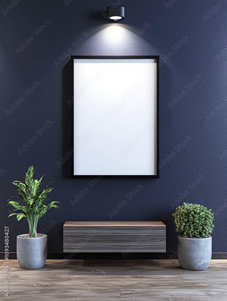 Frame mockup, modern interior featuring blank frame on dark navy wall, complemented by two potted plants and wooden shelf, creating serene atmosphere Frame mockup, modern interior featuring blank frame on dark navy wall, complemented by two potted plants and wooden shelf, creating serene atmosphere
