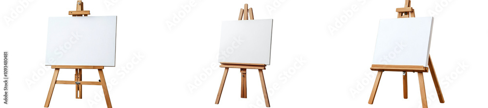 Set of Wood art easel stand with a blank canvas isolated on transparent background Set of Wood art easel stand with a blank canvas isolated on transparent background