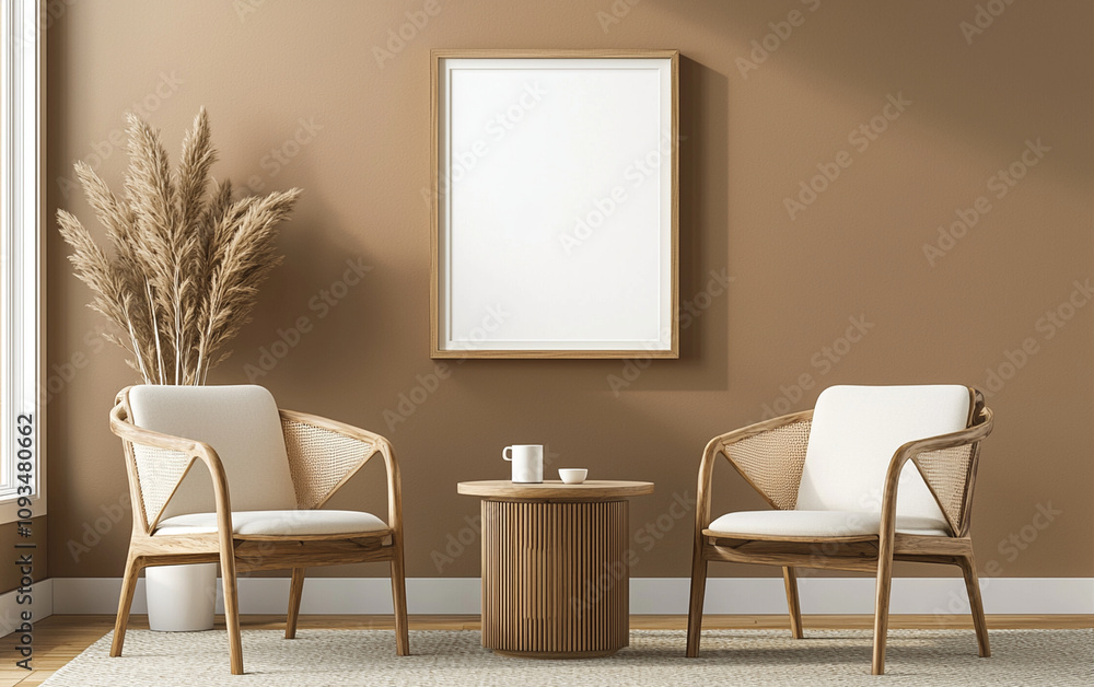 Frame mockup, Minimalist living room with modern chairs and blank frame. warm tones create cozy atmosphere, perfect for relaxation and style Frame mockup, Minimalist living room with modern chairs and blank frame. warm tones create cozy atmosphere, perfect for relaxation and style