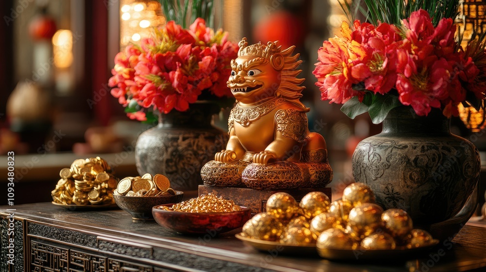 A decorative altar featuring a golden lion statue, flowers, and various gold items for prosperity. A decorative altar featuring a golden lion statue, flowers, and various gold items for prosperity.