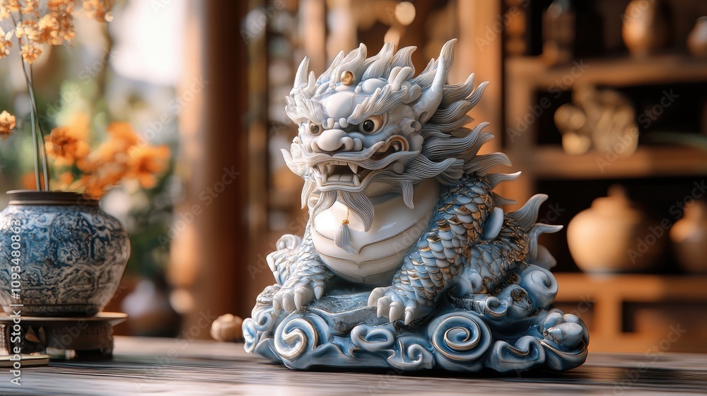 A decorative blue and white dragon sculpture on a wooden table, surrounded by traditional decor. A decorative blue and white dragon sculpture on a wooden table, surrounded by traditional decor.