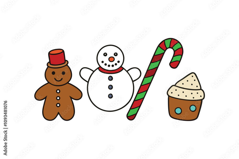 Naklejka premium Christmas Sweets Collection. Cookie, Cacao, Marshmallow Snowman and cristmas candy. on white.eps