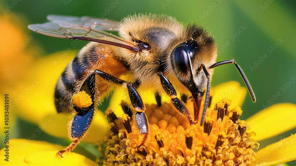 Close-Up of a Honey Bee Pollinating a Bright Yellow Flower in a Vibrant Garden Setting, Capturing the Beauty of Nature and Its Essential Insects Close-Up of a Honey Bee Pollinating a Bright Yellow Flower in a Vibrant Garden Setting, Capturing the Beauty of Nature and Its Essential Insects