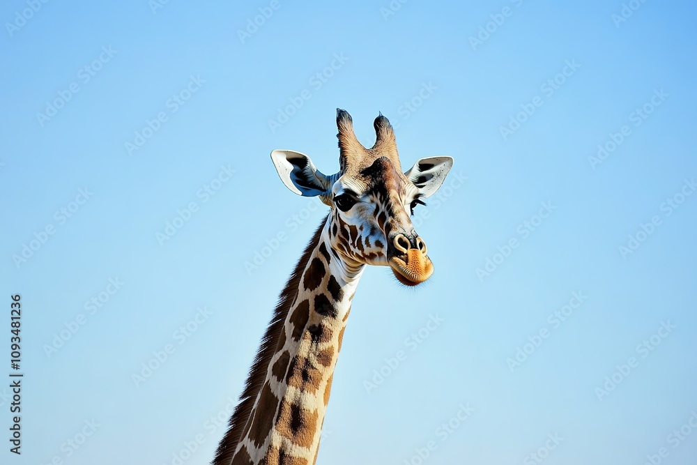 Fototapeta premium Giraffe with a bagel on its horn under blue sky