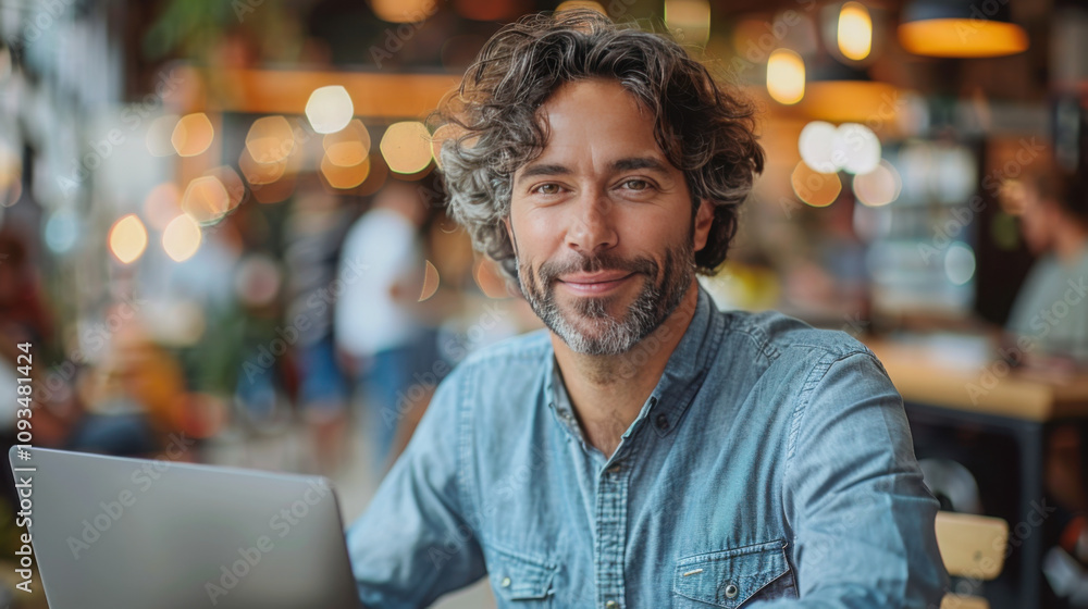 Happy man, working with a laptop, office background. Happy man, working with a laptop, office background.